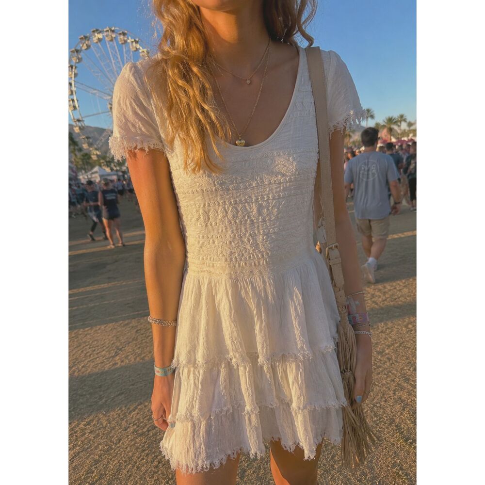 Free People Ivory Embroidered Festival Dress Boho Tiered Raw Hem Open Back XS